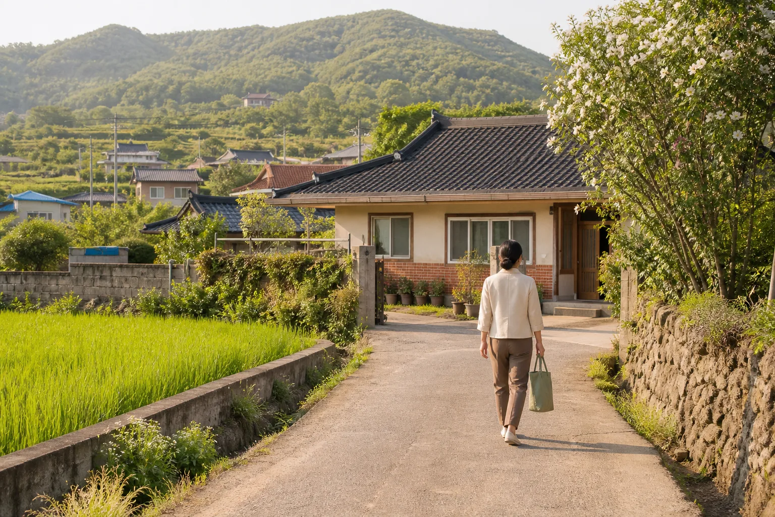 고창의 들판과 마을길을 지나 어르신 댁으로 향하는 요양보호사